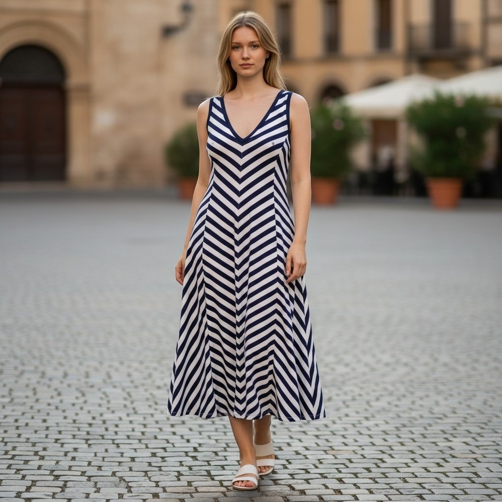 Jones New York Signature Navy White Chevron Stripe Cotton Midi Dress 6
